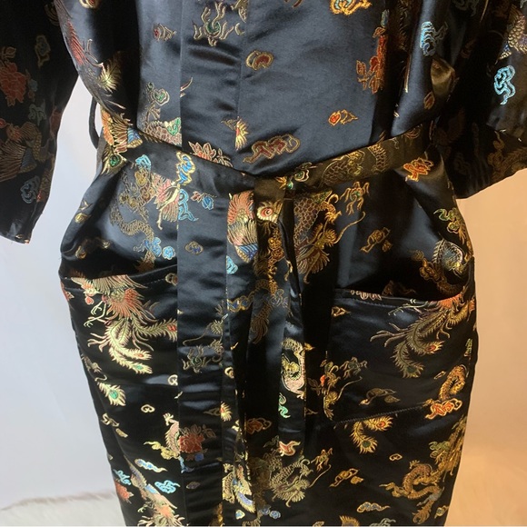 Lotus Black Kimono Full Length Robe with Pockets and Waist Tie - Picture 11 of 14